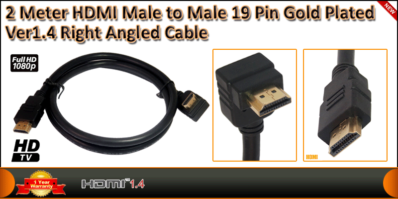 2 Meter HDMI Male to HDMI Male 19 Pin Gold Plated right angled cable