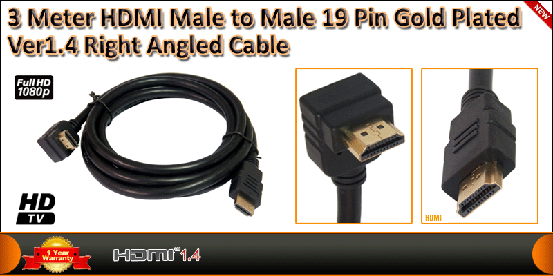 Gold Plated 3 Meter HDMI V1.4 (19Pin) Right Angled