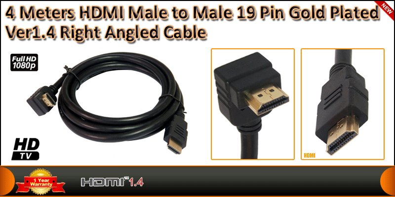 4M HDMI Male to HDMI Male 19 Pin Gold Plated right angled cable