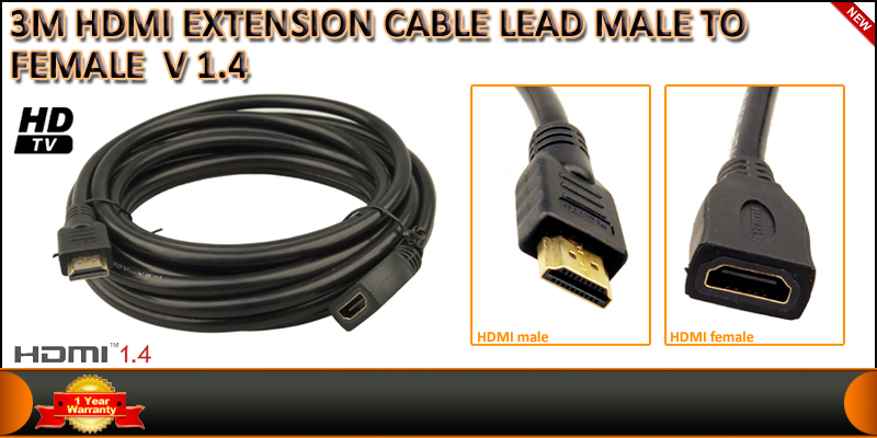 Gold Plated 3 Meter HDMI V1.4 (19Pin) Male to Female cable