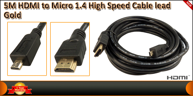 5 Meter Gold Plated HDMI to Micro HDMI 1.4 High Speed cable