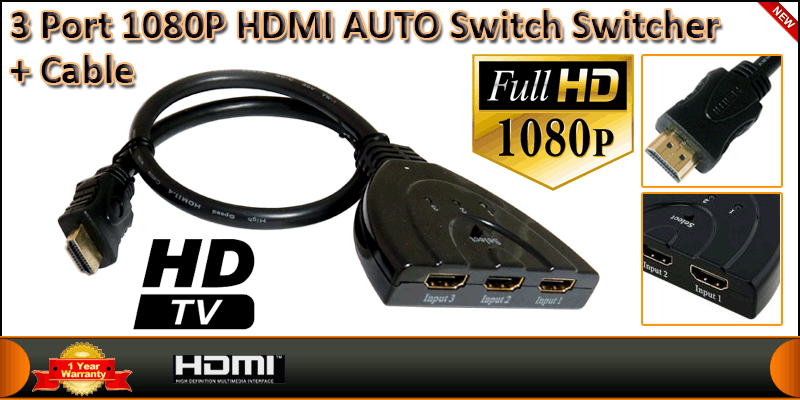 3 Port 1080P HDMI AUTO Switch Switcher + Cable