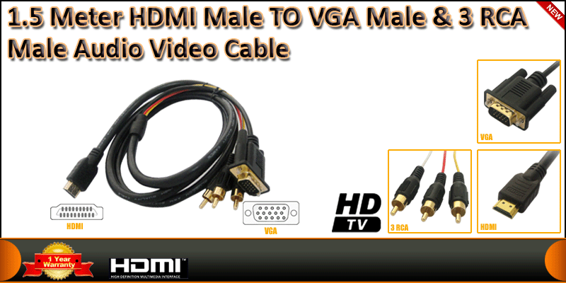 1.5 Meter HDMI to VGA 3 RCA Video Gold Plated Cable