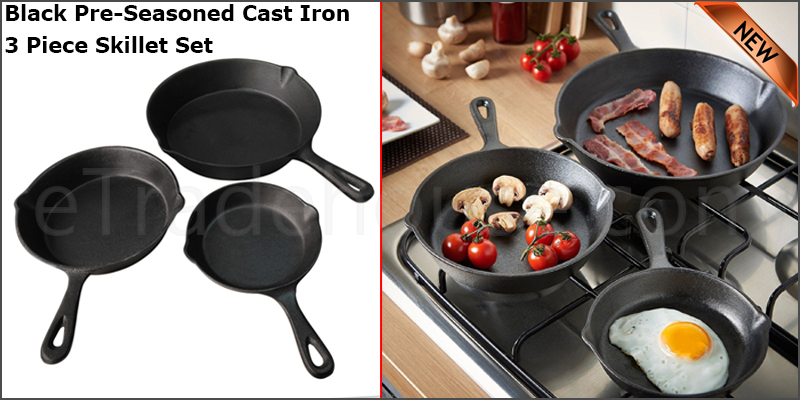 3 Piece Pre Seasoned Cast Iron Non- Stick Skillet Set Grill Round Fry Pan Black  