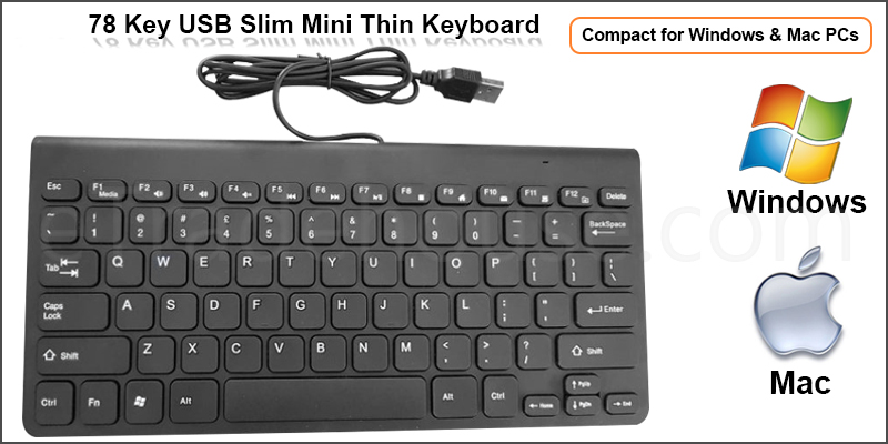 Black Mini Slim 78 Key USB Wired Compact Thin Keyboard for Desktop Laptop Mac PC