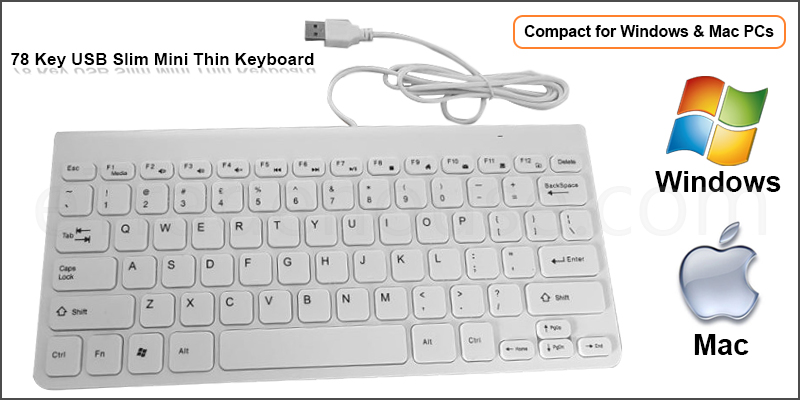 White Mini Slim 78 Key USB Wired Compact Thin Keyboard for Desktop Laptop Mac PC 