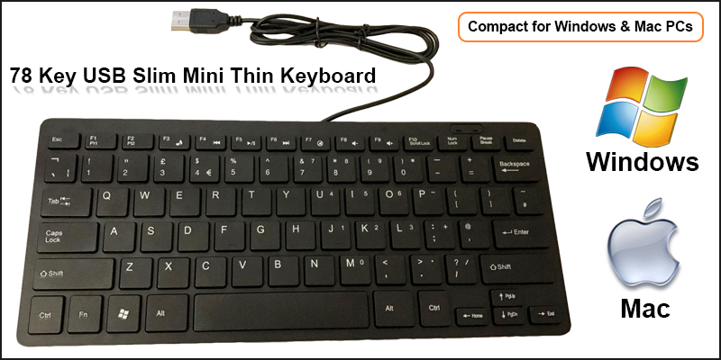 Black Mini Slim 78 Key USB Wired Compact Thin Keyboard for Desktop Laptop Mac PC