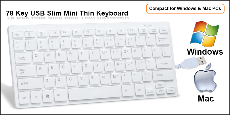 White Mini Slim 78 Key USB Wired Compact Thin Keyboard for Desktop Laptop Mac PC
