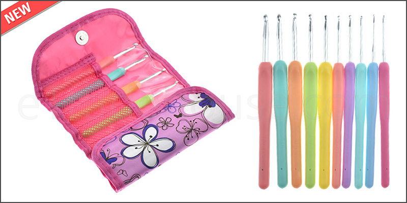 10 Pcs Multi-Coloured Soft Grip Handle Aluminum Crochet Hooks Knitting Needles with Carry Bag