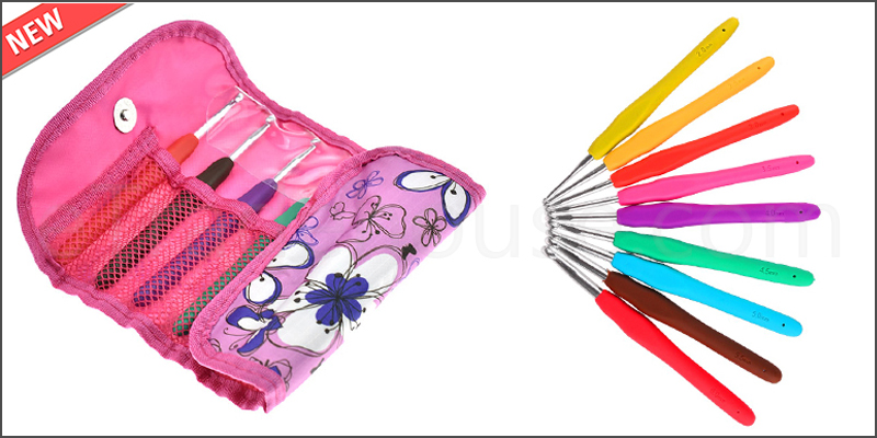 9 Pcs Multi-Coloured Soft Grip Handle Aluminum Crochet Hooks Knitting Needles with Carry Bag