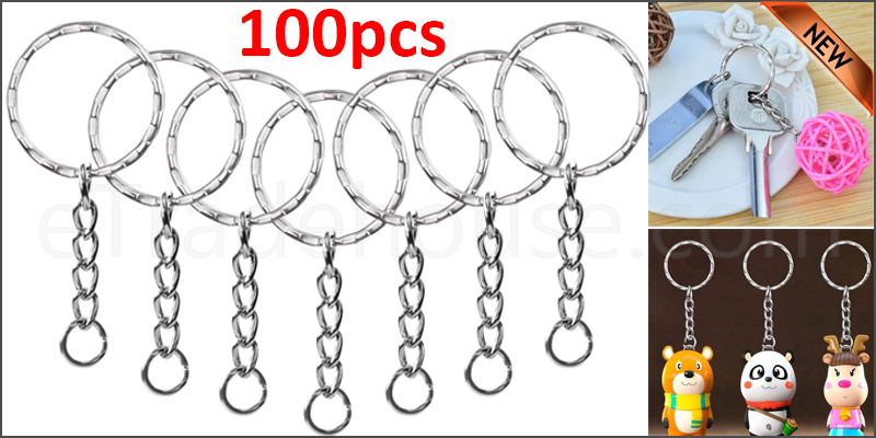 100pcs Silver Keyring Blanks Tone Key chains Key Split Rings 4 Link Chain