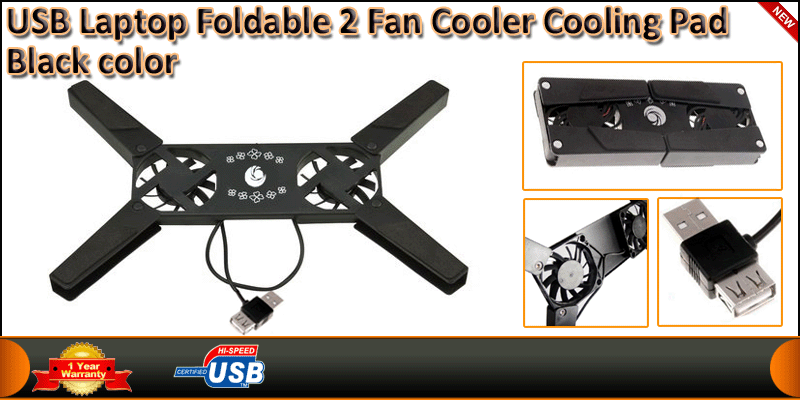 USB Laptop Foldable 2 Fan Cooler Cooling Pad Black