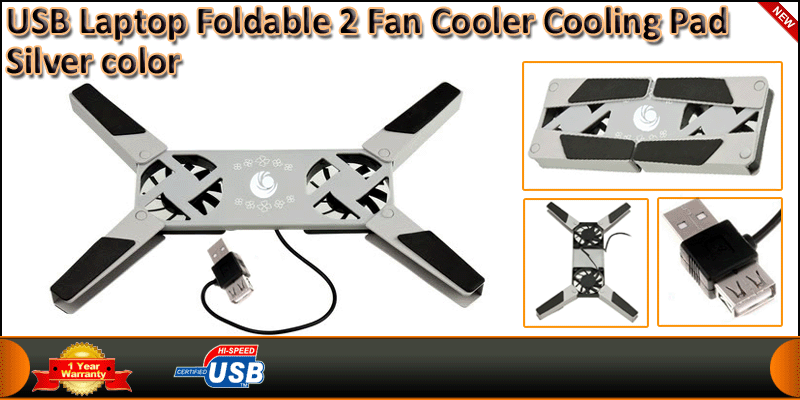 USB Laptop Foldable 2 Fan Cooler Cooling Pad Silve