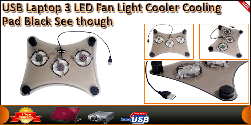 USB Laptop 3 LED Fan Light Cooler Cooling Pad Blac