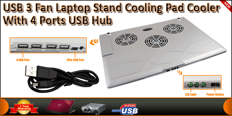 USB 3 Fan Laptop Stand Cooling Pad Cooler with 4 P