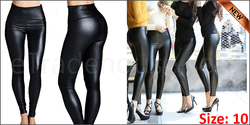 Ladies High Waist Black Faux Leather Leggings Wet Look Shiny Stretchy Tight Pant UK  Size 10