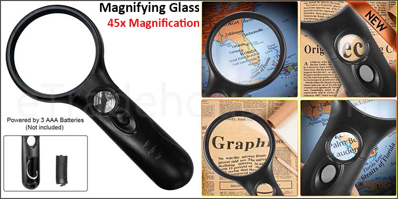 Magnifying Glass 45x Handheld Magnifier Reading Magnifying Glass Jewelry Loupe with 3 LED Light