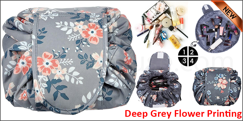 Quick Release Large Capacity Cosmetic Drawstring Bag Magic Pouch Travel Storage(deep grey flower printing)