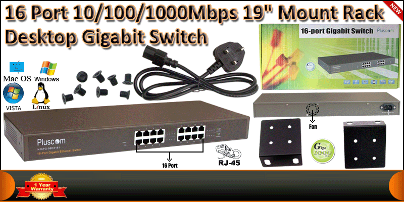 16 Port 10/100/1000Mbps 19" Mount Rack / Desktop G