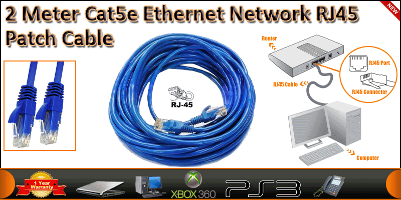 2 Meter CAT5E Ethernet Network RJ45 Patch Cable Bl