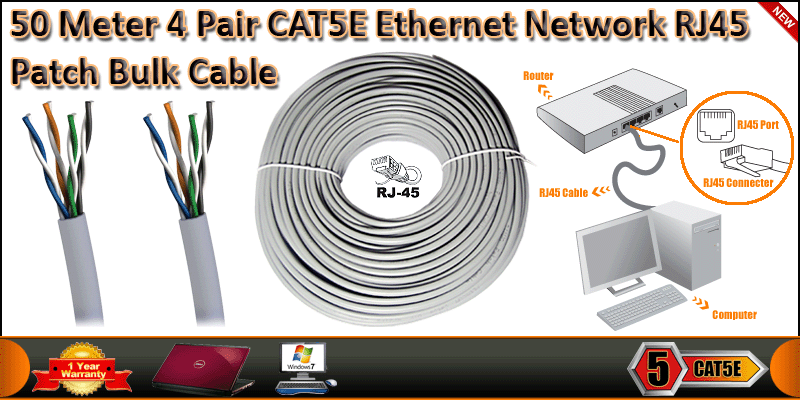 50 Meter 4 Pair CAT5E Ethernet Network RJ45 Patch 