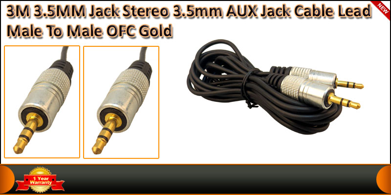 3 Meter Gold Plated 3.5MM Jack Male To Male AUX St