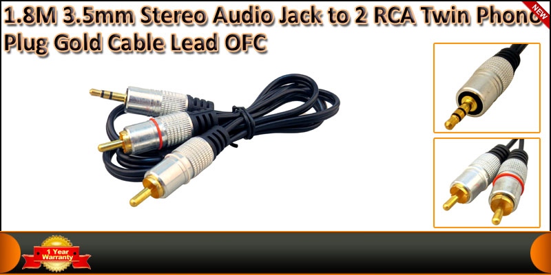 1.8 Meter Gold Plated 3.5mm Stereo Audio Jack to 2