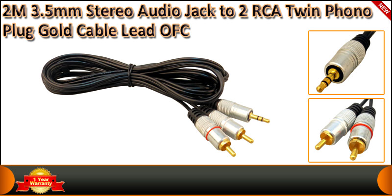 2 Meter Gold Plated 3.5mm Stereo Audio Jack to 2 R