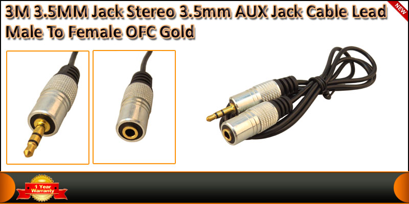 3 Meter Gold Plated 3.5MM Jack Male To Female AUX cable