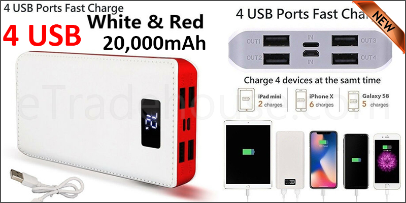 Portable 20,000mAH 4 USB Port LCD LED External Power Bank Backup Battery Charger 