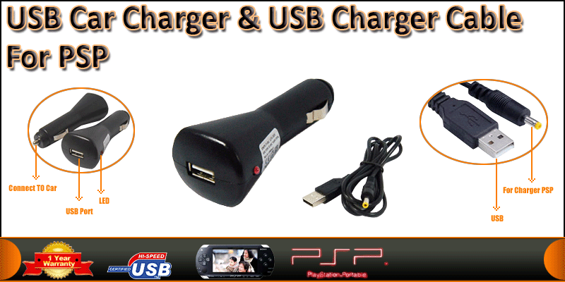 USB Charger Cable for PSP + Car Charger