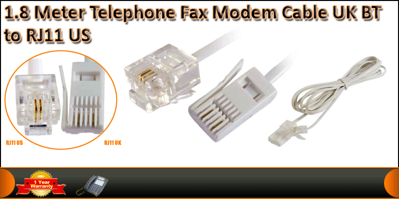 1.8 Meter Telephone Fax Modem Cable UK  BT to RJ11