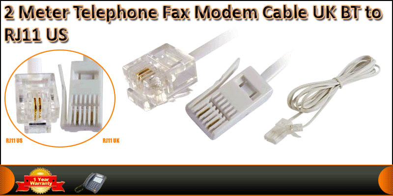 2 Meter Telephone Fax Modem Cable UK  BT to RJ11 U
