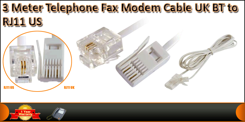3 Meter Telephone Fax Modem Cable UK  BT to RJ11 U