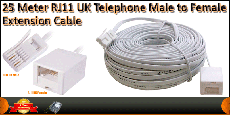 25 Meter BT RJ11 UK Telephone Male to Female Exten