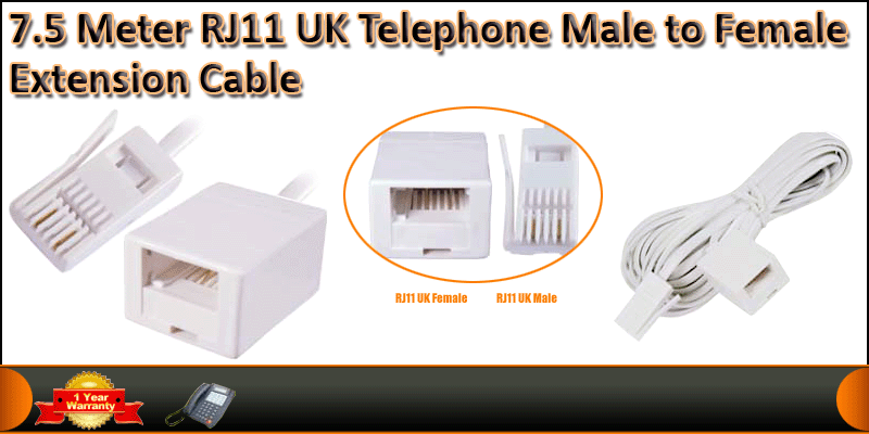 7.5 Meter BT RJ11 UK Telephone Male to Female Exte