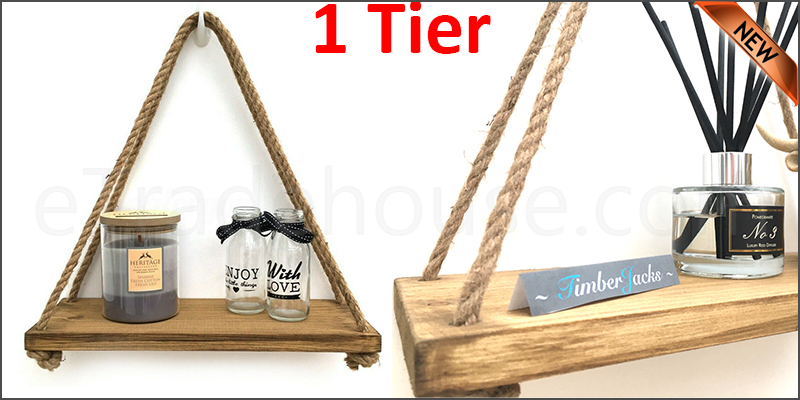 Rustic Wooden Hanging Rope Shelf - Handmade Solid Natural Wood Floating Shelves 1Tier