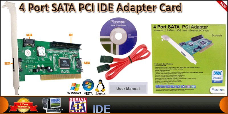 4 Port SATA Dos Bootable PCI Adapter (3 SATA & 1 I