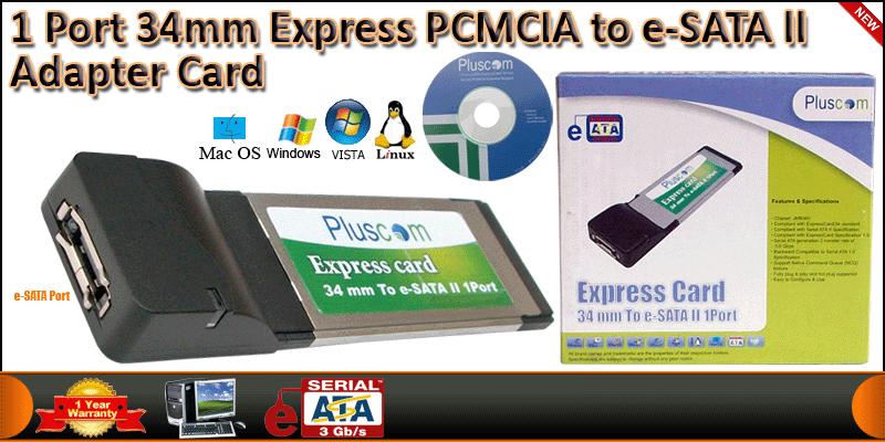 1 Port 34mm Express PCMCIA to e-SATA ll Adapter Ca