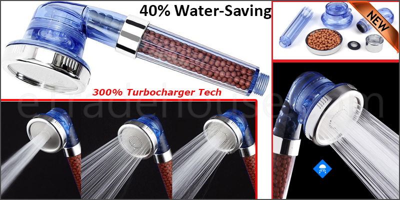 Bath Shower Head High Pressure 300 Turbocharged Water Saving Ionic Health Filter