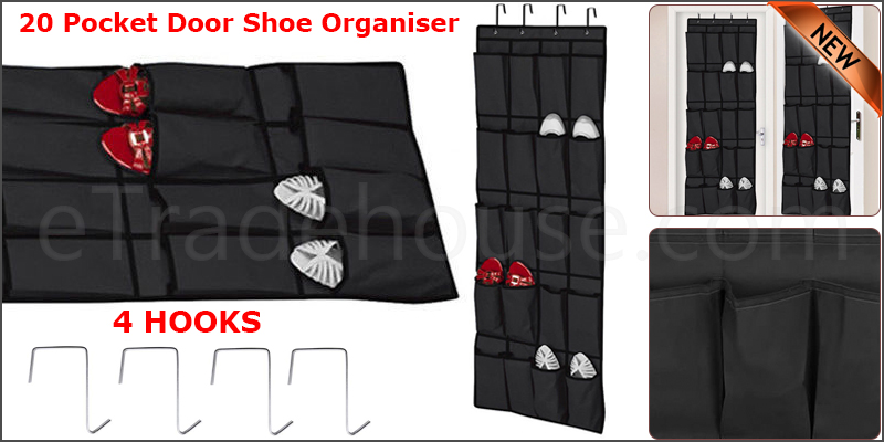 20 Pocket Shoes Organiser Rack Storage Hanging Over Door Tidy Space Saver 4 HOOKS