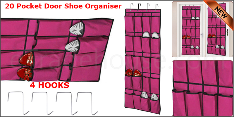 20 Pocket Shoes Organiser Rack Storage Hanging Over Door Tidy Space Saver 4 HOOKS