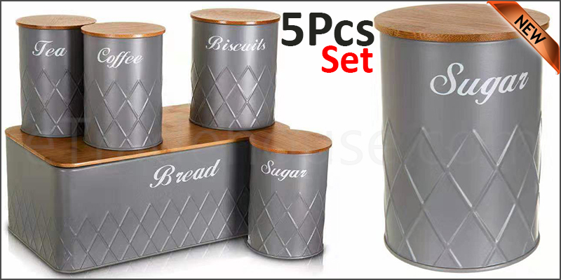 5Pcs Kitchen Storage Tins Canister Set Bamboo Lid Tea Coffee Sugar Bread Bin Jar