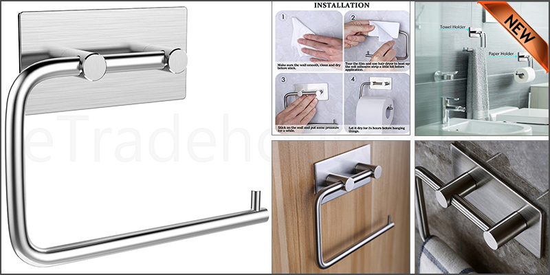 Stainless Steel Wall Mounted Self Adhesive Toilet Roll Holder Towel Hanger, for Kitchen Bathrooms