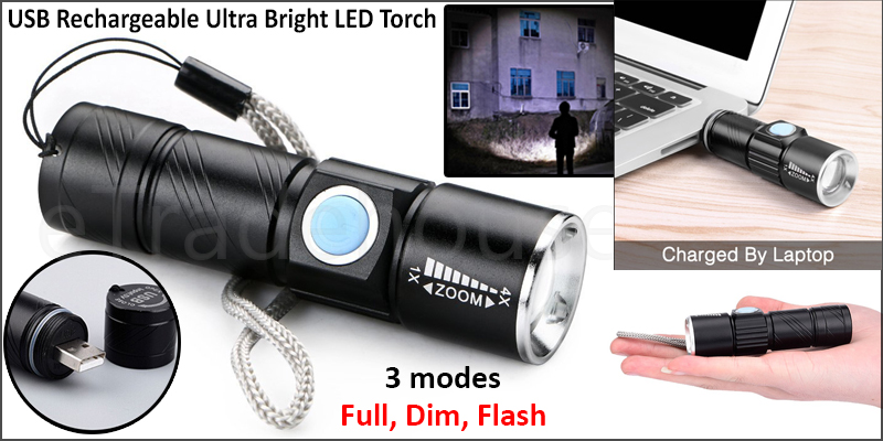 4X Zoomable Torch USB Rechargeable Ultra Bright LED Torch Flashlight with Beam Focusing Zoom