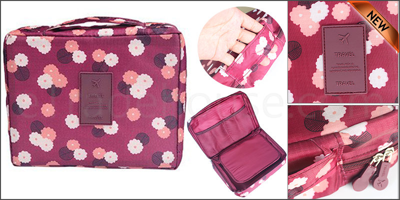 Multi-function Travel Storage Bag Water-proof Oxford fabric Floral Print Cosmetic Bag - Wine Red