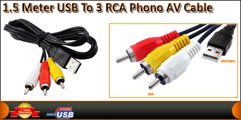 1.5 Meter USB A Male to 3 RCA Male Phono AV Cable