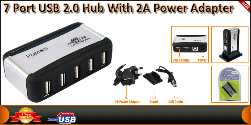 7 Port USB 2.0 Hub With 2A Power Adapter