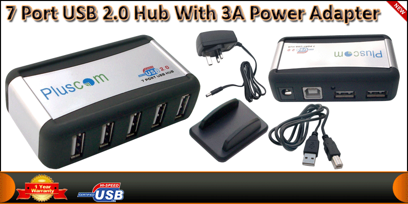 7 Port USB 2.0 Hub With 3A Power Adapter