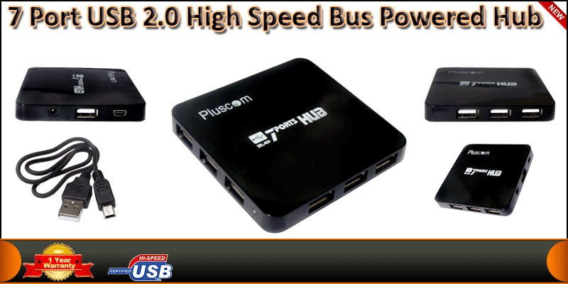 7 Port USB 2.0 High Speed Bus Powered Hub Black